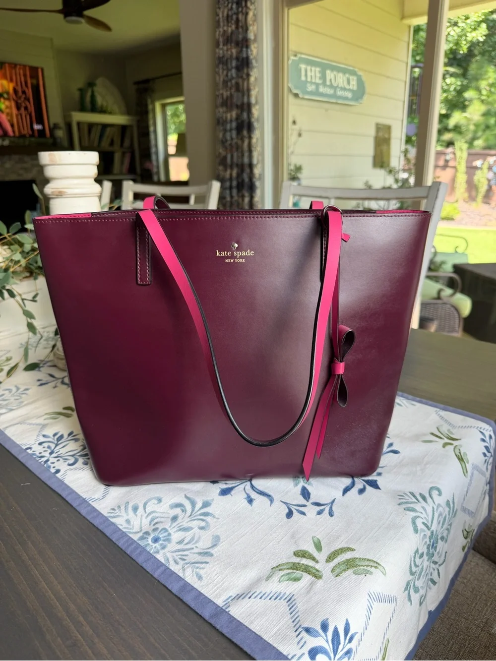kate spade Mulberry Leather Tote with Pink Trim and Bow